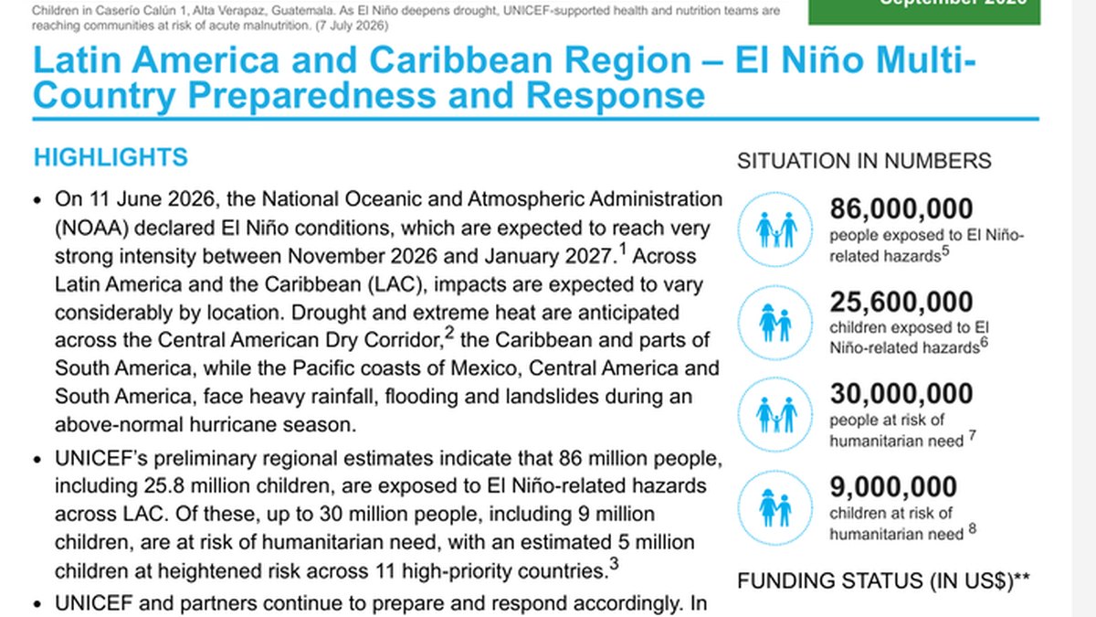 UNICEF: El Niño ayaa ku dhawaaqay in 86 milyan qof ay ku sugan yihiin xaaladaha abuurka ee Latin America iyo Carib